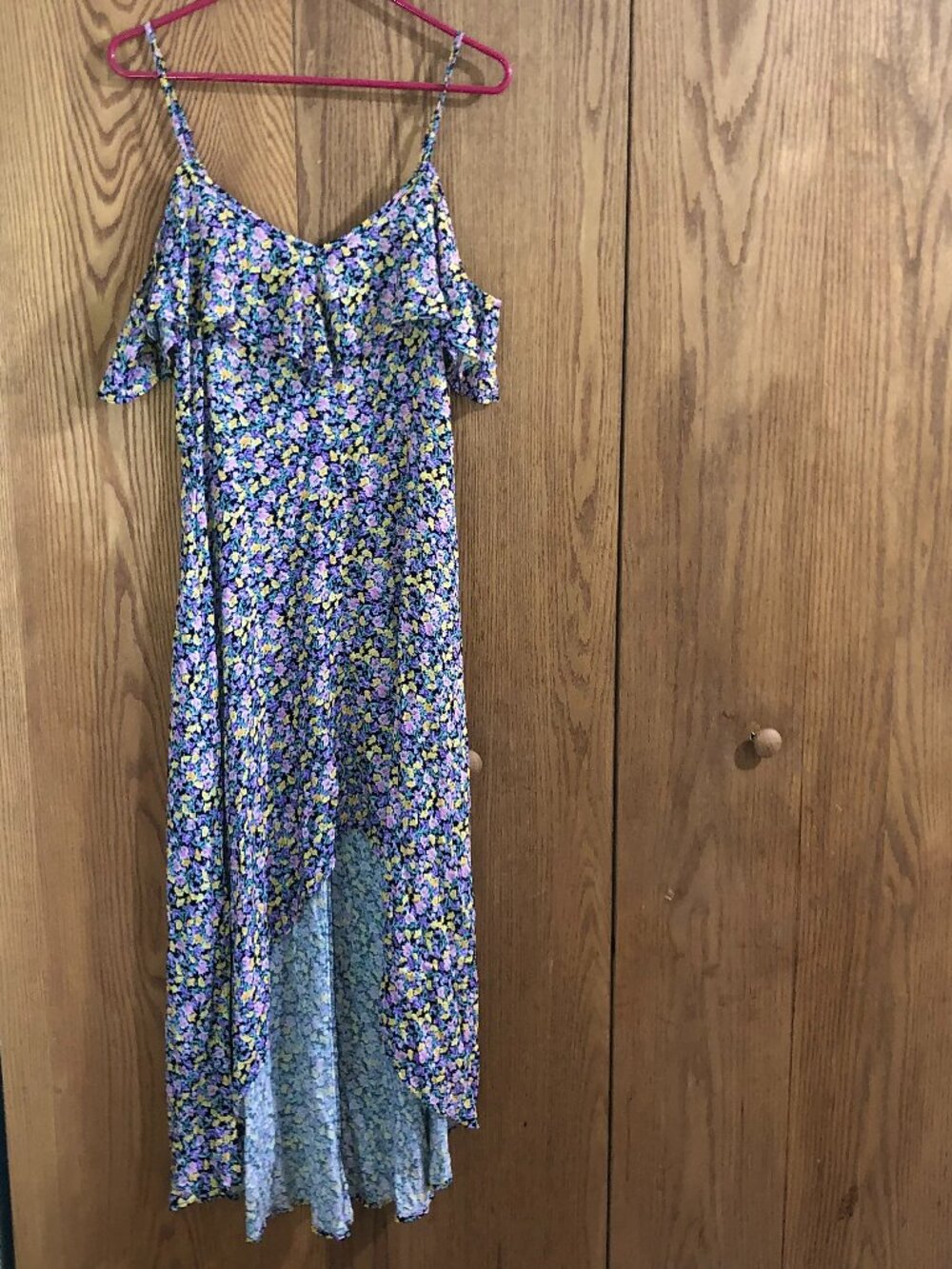 Floral High Low Dress Medium Off Shoulder Ruffle Boho Cottagecore Summer
